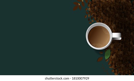 White cup of fresh coffee with steam smoke,coffee beans and leaves on green background with copy space.Decorative design for banner,poster advertisement, flyers and card collection.Vector illustration