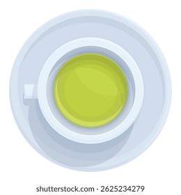 White cup full of green tea standing on a plate seen from above