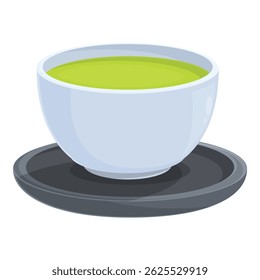 White cup full of green tea standing on a dark plate, traditional japanese or chinese porcelain for hot beverage