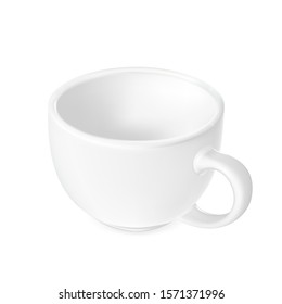 White cup with a handle, empty tureen for liquid food, ceramic dishes, kitchen utensils. Vector.