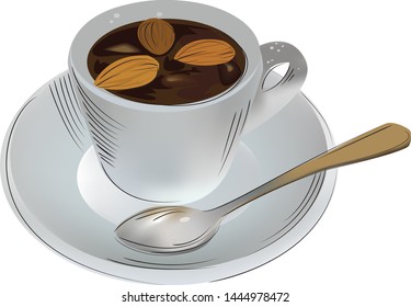 
white cup of hot chocolate with three nuts on a saucer with a teaspoon on a white background