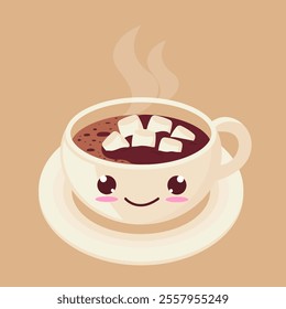 White cup of hot cocoa with marshmallows. Kawaii style. Hot chocolate. Vector illustration in flat style. Isolated on a light pink background.	
