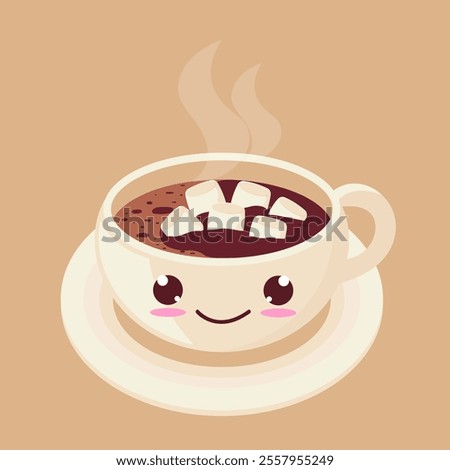 White cup of hot cocoa with marshmallows. Kawaii style. Hot chocolate. Vector illustration in flat style. Isolated on a light pink background.	
