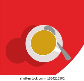 White cup of hot coffee and copy space on red table in high contrast color. Minimal concept.