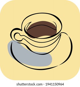 Una taza blanca con café o té caliente está en un platillo. Fondo amarillo, icono. Ilustración del vector, EPS 10. concepto de relajación matutina de fin de semana.