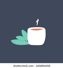 White cup of hot tea and green leaves on dark background. Cartoon vector illustration