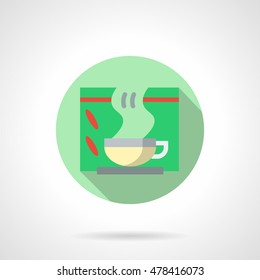 White cup of hot tea and green packaging. Natural herbal cures in medicine for treatment, prevention of disease. Round flat color vector icon