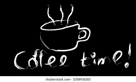 White cup of invigorating tasty hot brown coffee hand painted with a beautiful steam and coffee time inscription isolated on a black background. Vector illustration.