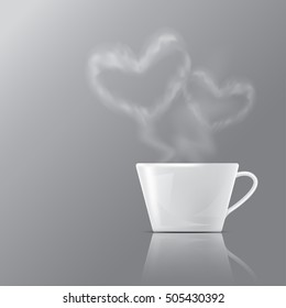 A white cup isolated of drink, coffee, tea with steam, and shadow, and gray background. Vector illustration of white mug.