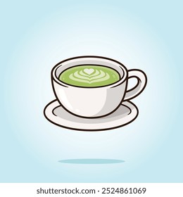 Xícara branca de arte em café matcha. ilustração de desenho animado de vetor de chá verde