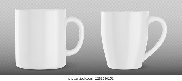 White cup mockup template design. 3d tea or coffee porcelain mug with handle vector mock up. Realistic side view office teacup illustration for corporate branding or advertising with reflection.