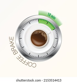 White cup of morning coffee with clock silhouette. Ten minutes brake background