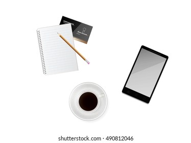 White cup of morning dark coffee with paper, business card, pencil and phone on white background.