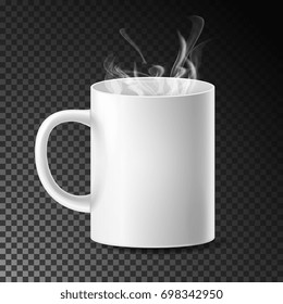 White Cup, Mug Vector. Realistic Ceramic Or Plastic Cup Isolated On Transparent Background. Empty Classic Cafe Cup With Handle And Steam Illustration. Good For Business Branding, Corporate Identity
