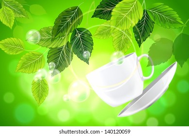 White cup on the background of mint leaves