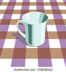 Weiße Tasse auf karierter Tischdecke mit Minzschatten.