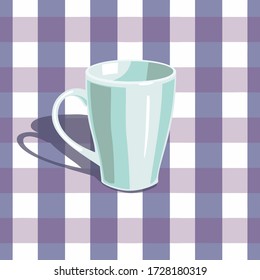 White cup on a checkered tablecloth background, with mint shadows.