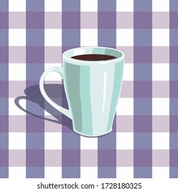 White cup on a checkered tablecloth background, with mint shadows.