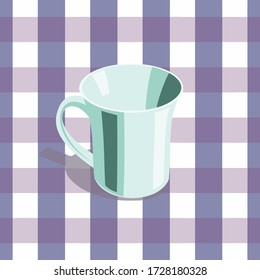 White cup on a checkered tablecloth background, with mint shadows.