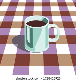 White cup on a checkered tablecloth background, with mint shadows.