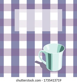 White cup on a checkered tablecloth background, with mint shadows.