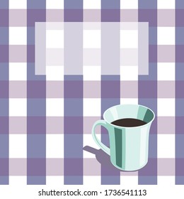 White cup on a checkered tablecloth background, with mint shadows.