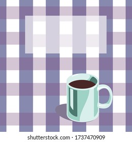 Taza blanca sobre un fondo de mantel a cuadros, con sombras de menta.