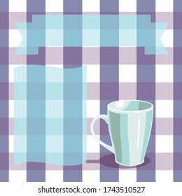 White cup on a checkered tablecloth background, with crumpled shadow. Banners