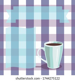 White cup on a checkered tablecloth background, with mint shadows. 