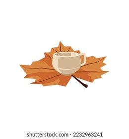 White cup on leaf vector illustration. Cup and leaf isolated on white background. Hygge autumn concept