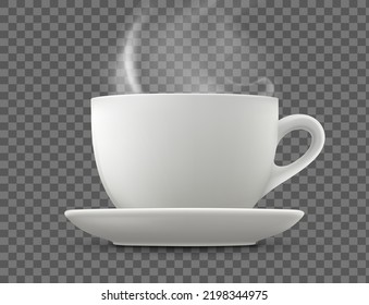 White cup on a saucer with hot drink coffee or tea. Template isolated on a transparent background. Vector layout.