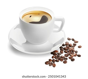 White cup on a saucer and scattered coffee beans. 3D vector illustration