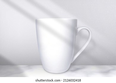 White cup on white studio background. Empty cup mockup. Side view. Blank ceramic mug with shadow. 3d cup front with soft light for product. Mock up template. Sublimation for design prints. Vector