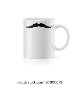 The white cup with painted mustache standing on a white background