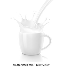 White cup with realistic splashes. Vector illustration isolated on white background. Ready for your design. EPS10.