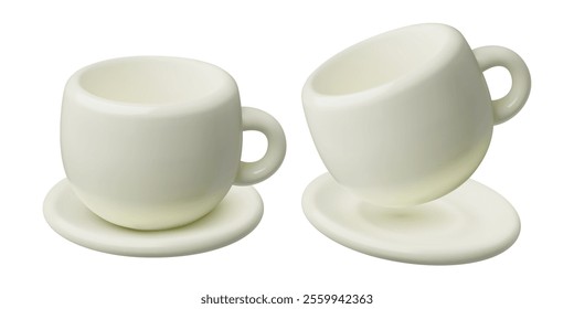 White cup and saucer 3d realistic vector illustration. Empty ceramic porcelain, mug with plate isolated on white background.