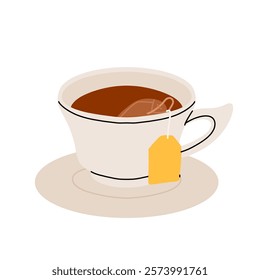 White cup with saucer, hot black tea with bag and tea bag. Classic english tea flat cartoon illustration.