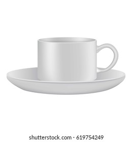 White cup and saucer mockup. Realistic illustration of white cup and saucer vector mockup for web