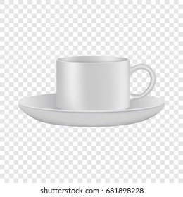 White cup and saucer mockup. Realistic illustration of white cup and saucer vector mockup for web