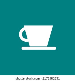 white cup and saucer vector icon against a blue background
