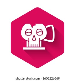 White Cup from the skull icon isolated with long shadow. Pink hexagon button. Vector Illustration