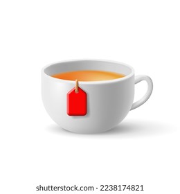 White cup with tea, 3d. Tea bag in a cup on a white background.