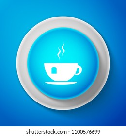 White Cup with tea bag icon isolated on blue background. Circle blue button with white line. Vector Illustration