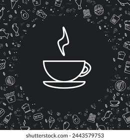 White cup of tea icon and fast food pattern