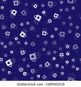 White Cup of tea icon isolated seamless pattern on blue background. Sweet natural food.  Vector Illustration