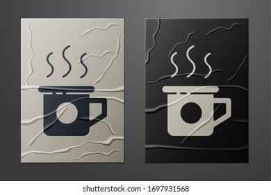 White Cup of tea icon isolated on crumpled paper background. Sweet natural food. Paper art style. Vector Illustration