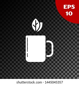 White Cup of tea and leaf icon isolated on transparent dark background.  Vector Illustration