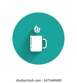 White Cup of tea and leaf icon isolated with long shadow. Green circle button. Vector Illustration