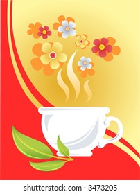 White cup, tea leaves and flowers on a yellow-red background.