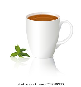 white cup of tea and leaves with reflection and shadow